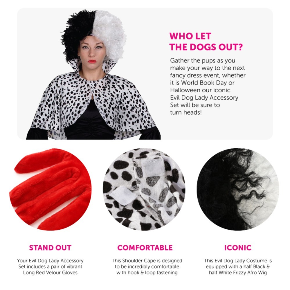 Evil Dog Lady Accessory Set - Cape, Crimped Wig, Red Velour Gloves, Fake Cigarettes & Feather Boa