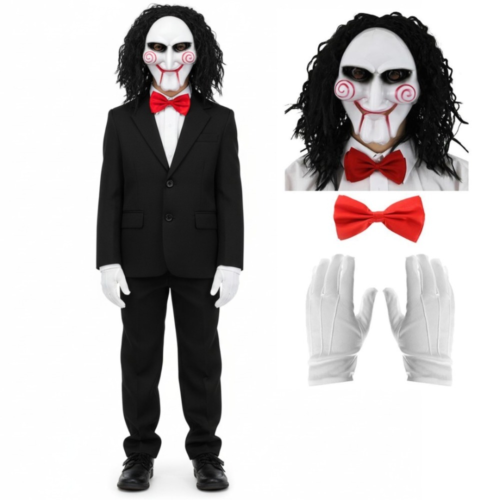 Click to view product details and reviews for Childs Horror Puppet Costume 5 Pcs Black Suit Mask Wig White Gloves Red Bow Tie Large.