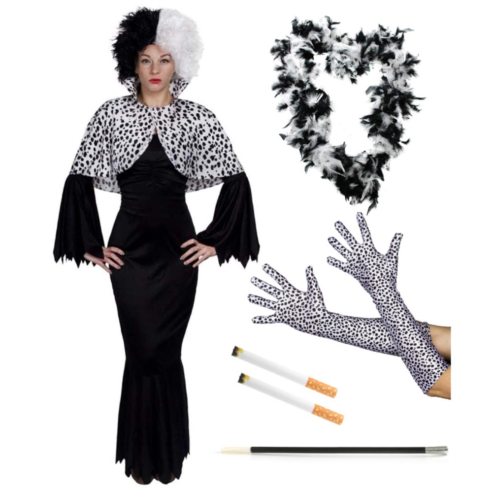 Adults Evil Dog Lady Costume - Cape, Shaggy Wig, Dalmatian Gloves, Feather Boa & Fake Cigarettes