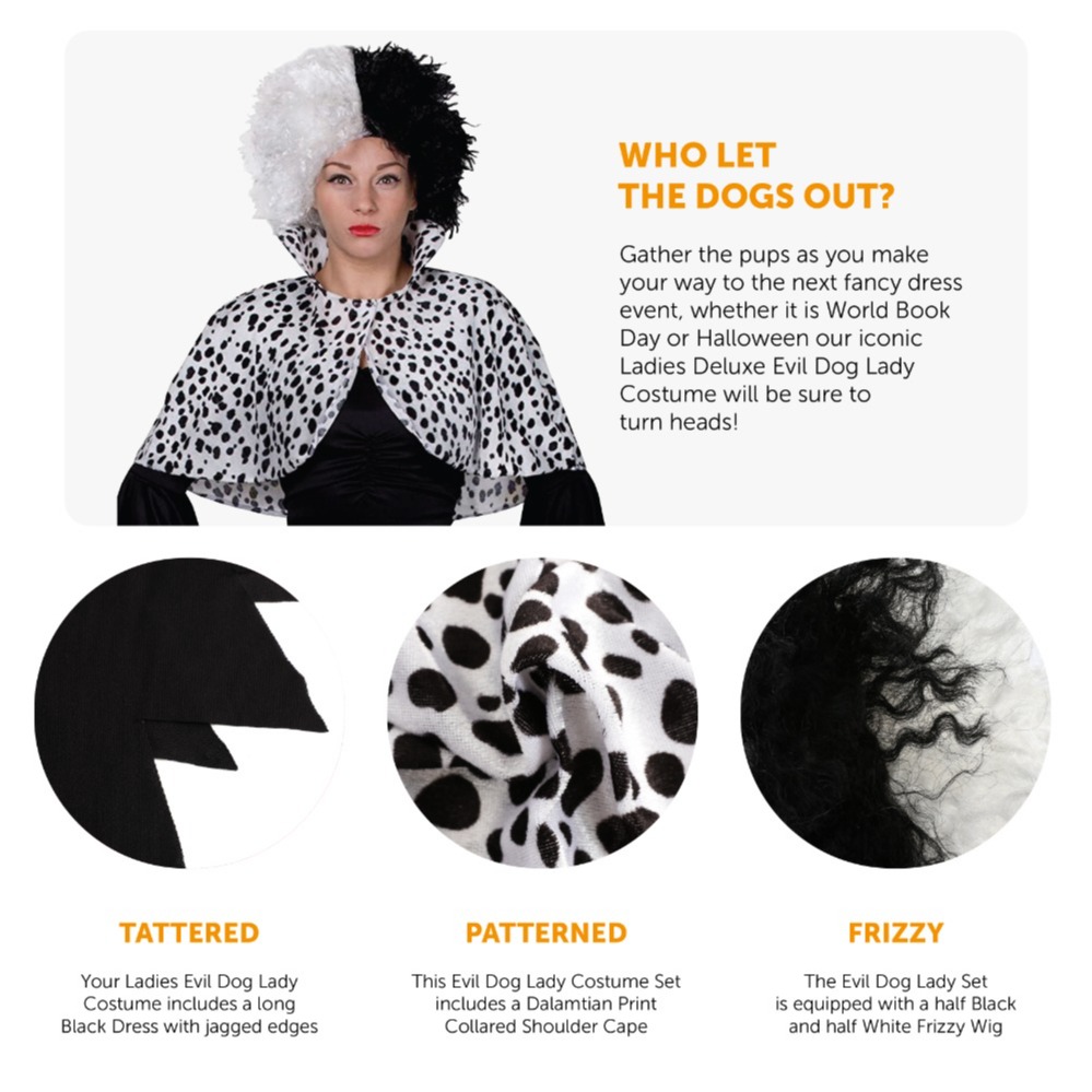 Adults Evil Dog Lady Costume - Cape, Shaggy Wig, Dalmatian Gloves, Feather Boa & Fake Cigarettes