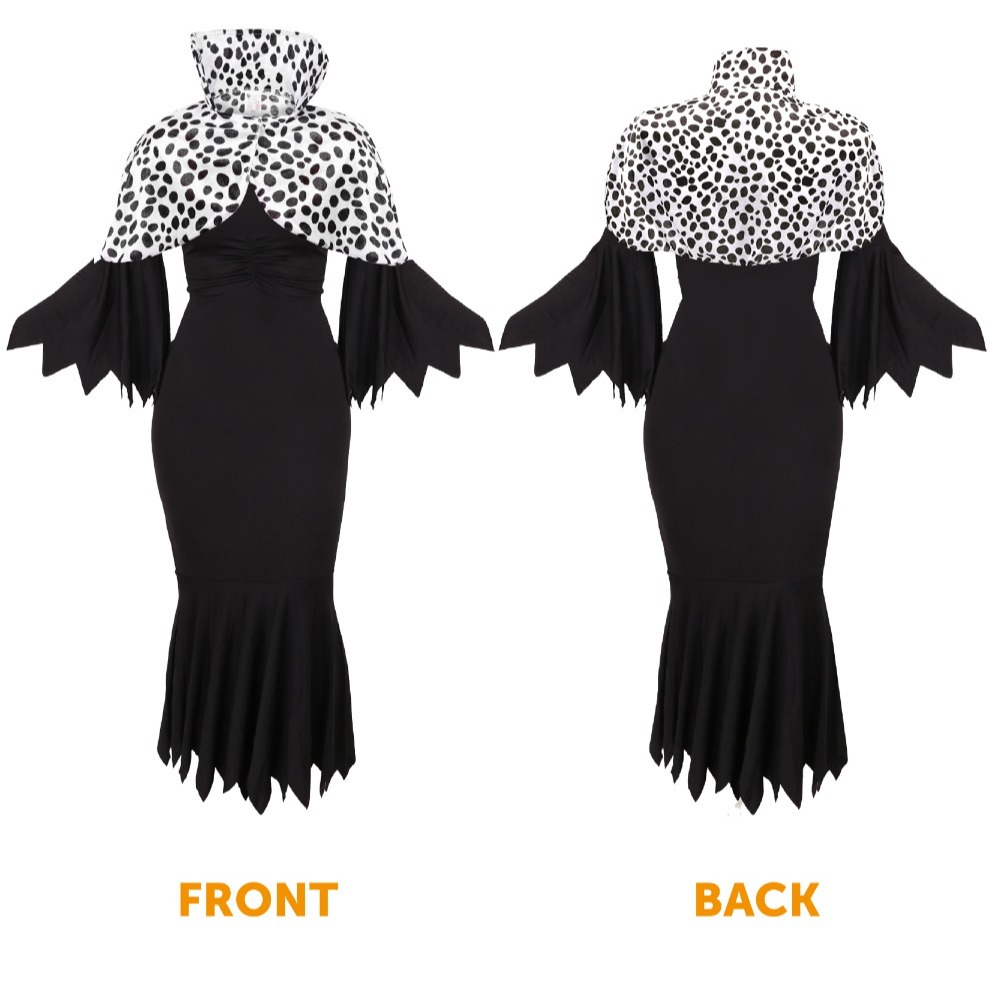 Adults Evil Dog Lady Costume - Cape, Shaggy Wig, Dalmatian Gloves, Feather Boa & Fake Cigarettes