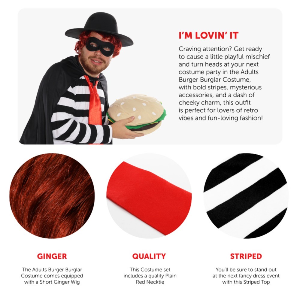 Adults Burger Burglar Costume | 6 Pcs | Striped Top, Eye Mask, Hat, Tie, Wig & Black Cape