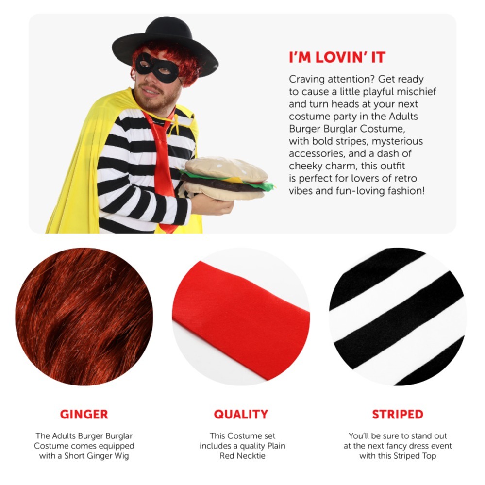 Adults Burger Burglar Costume | 6 Pcs | Striped Top, Eye Mask, Hat, Tie, Wig & Yellow Cape