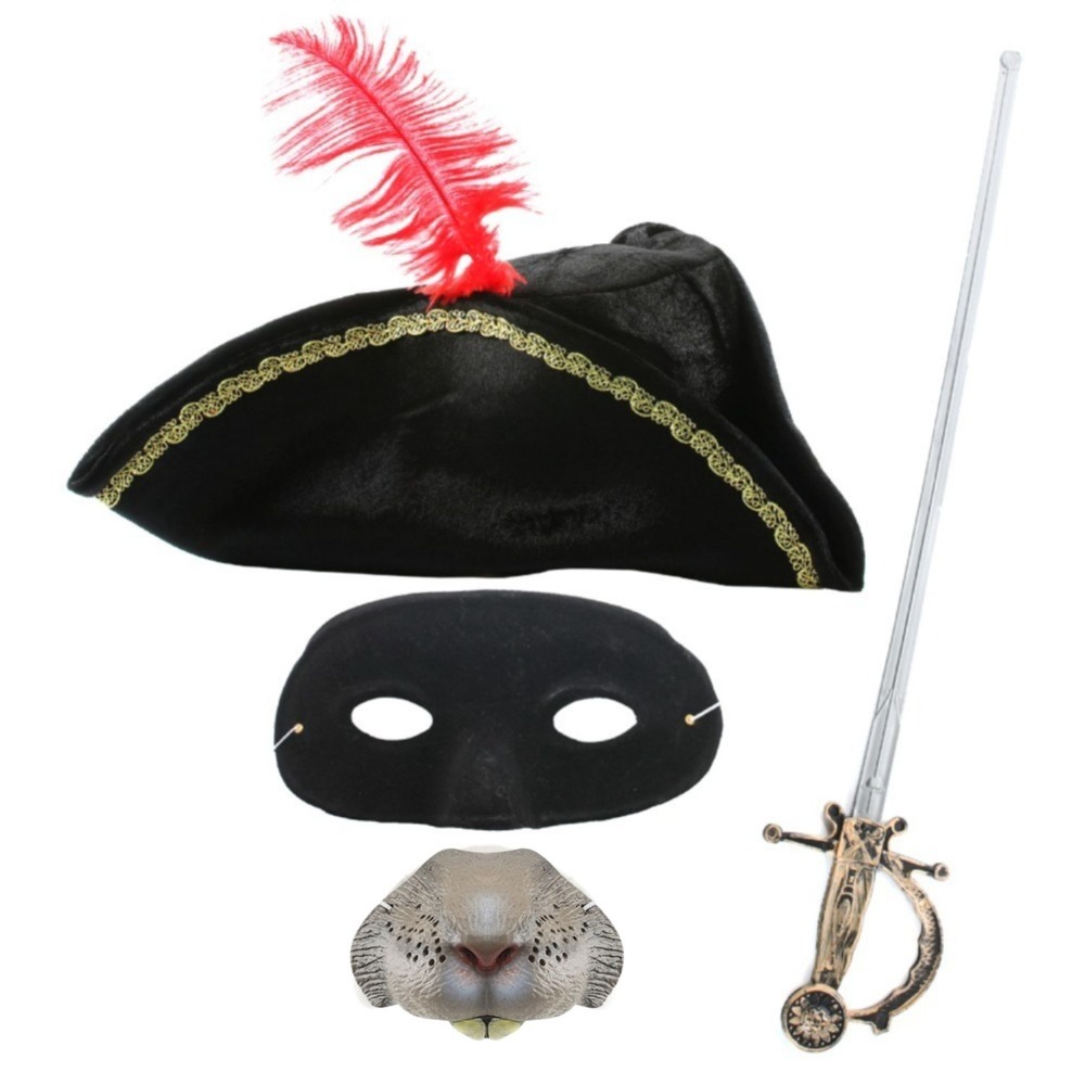 Childs Highway Rodent Accessory Set - Feather Tricorn Hat, Mask, Nose & Sword