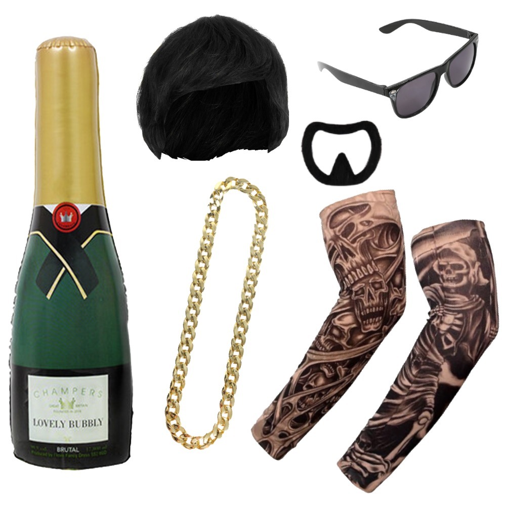 Ibiza Final Boss Costume Accessory Set | 6 Pcs | Wig, Chain, Black Sunglasses, Goatee, Tattoo Sleeves & Inflatable 6ft Champagne Bottle