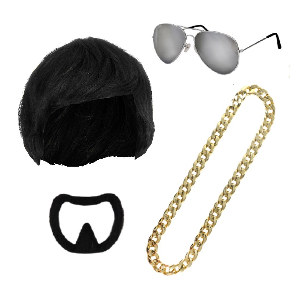 Ibiza Final Boss Costume Accessory Set | 4 Pcs | Wig, Chain, Aviator Sunglasses & Goatee