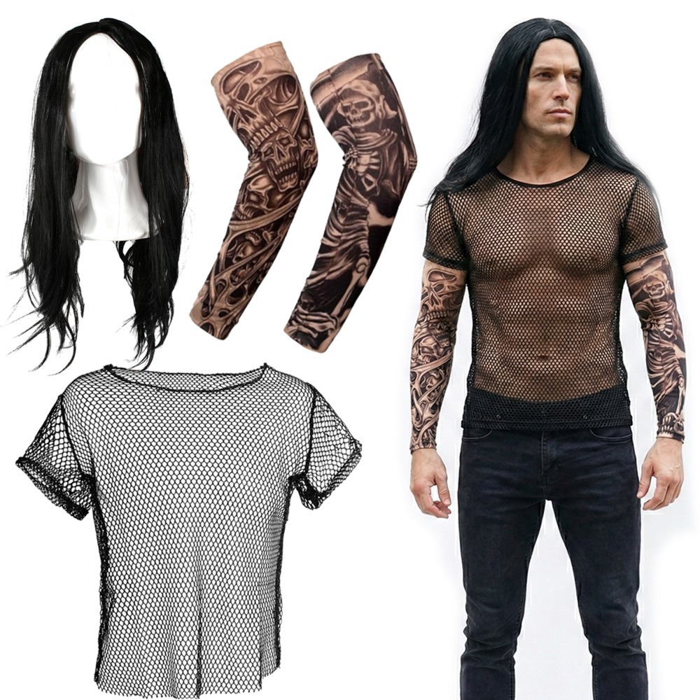 Click to view product details and reviews for Mens 2000s American Wrestler Costume 3 Pcs Mesh Top Long Wig Tattoos Large.