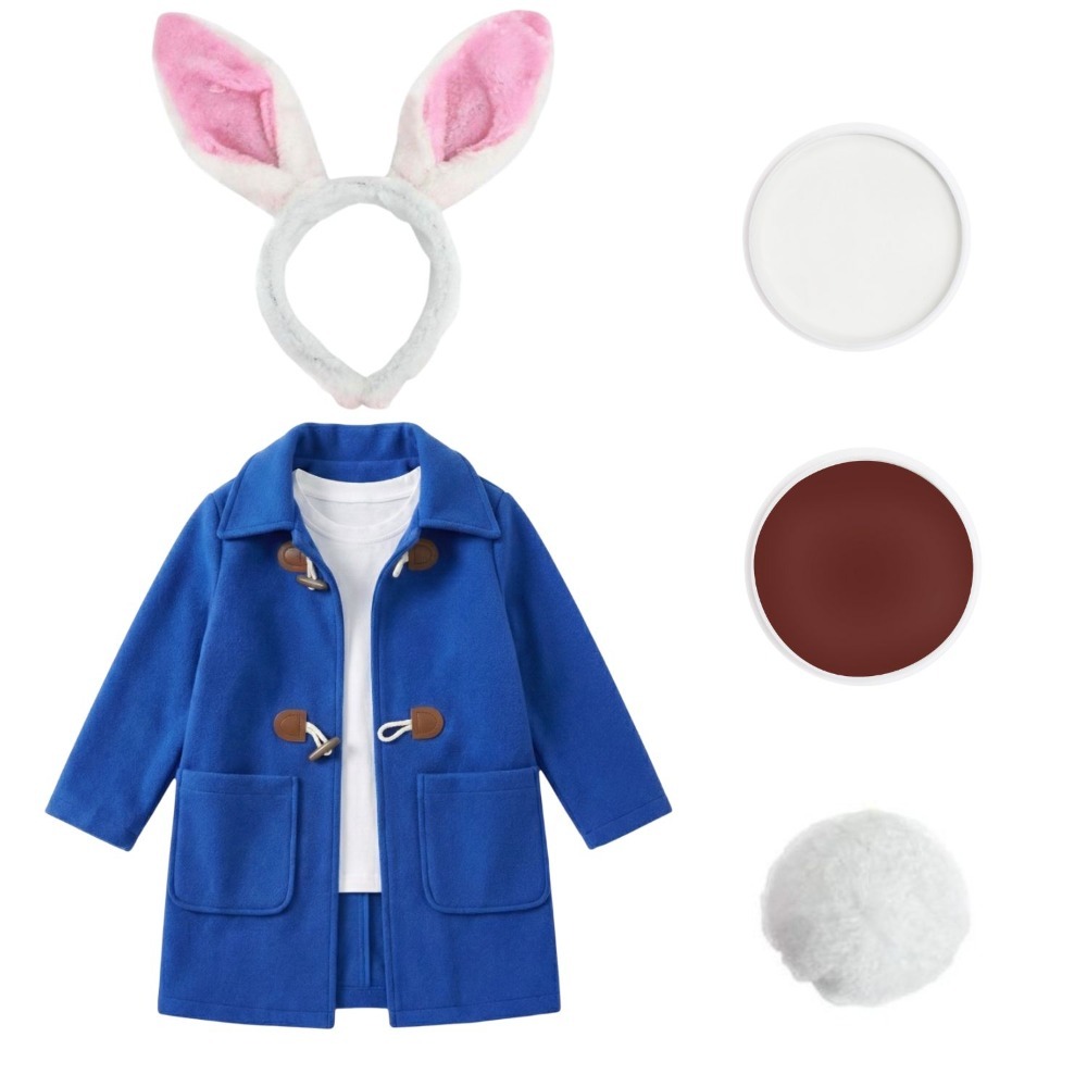 Kids Mischievous Rabbit Costume | 5 Pcs | Blue Jacket, Ears, Tail,  Brown & White Face Paint