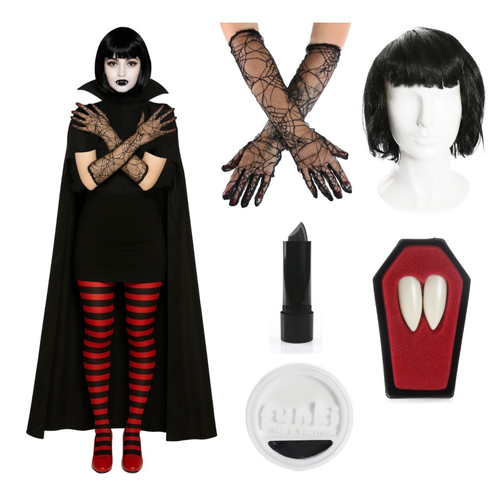 Click to view product details and reviews for Ladies Hotel Vampire Costume Set 6 Pcs Cape Gloves Wig Lipstick Fangs Face Paint.