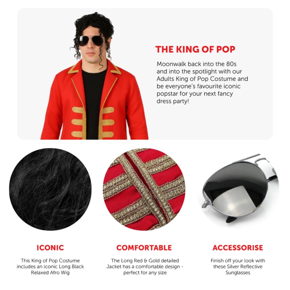 Adults King of Pop Costume | 3 Pcs | Red Jacket, Wig & Glasses