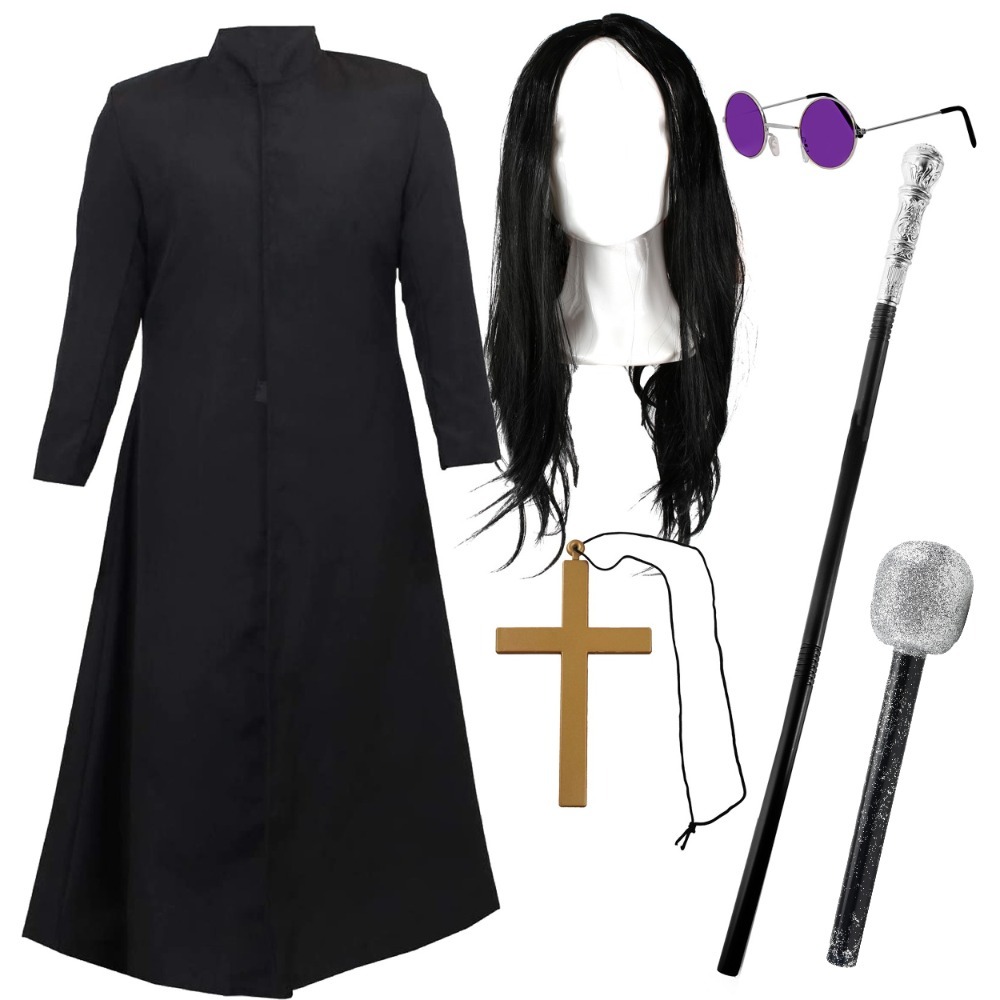Prince of Darkness Costume | 6 Pcs | Duster Jacket, Wig, Glasses, Cross Necklace, Cane & Mic