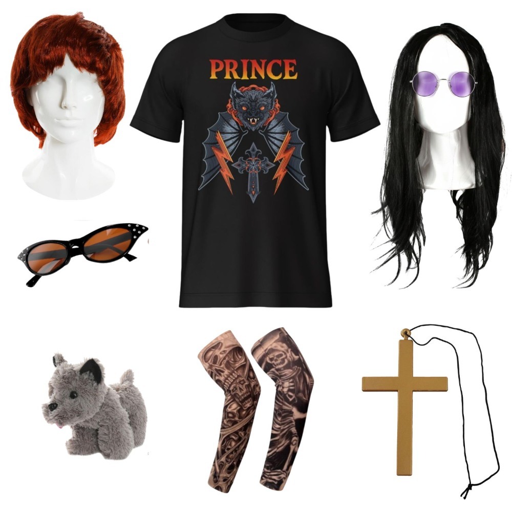 Click to view product details and reviews for Osbourne Couple Costume Set 9 Pcs T Shirt Tattoo Sleeves Wigs Glasses Necklace Toy Dog Large.