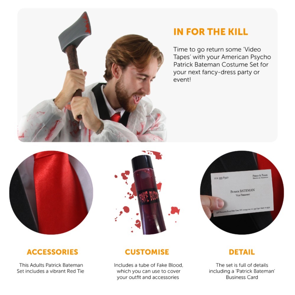 Patrick Bateman Accessory Set | Wig, Axe, Red Tie, Blood & Business Card