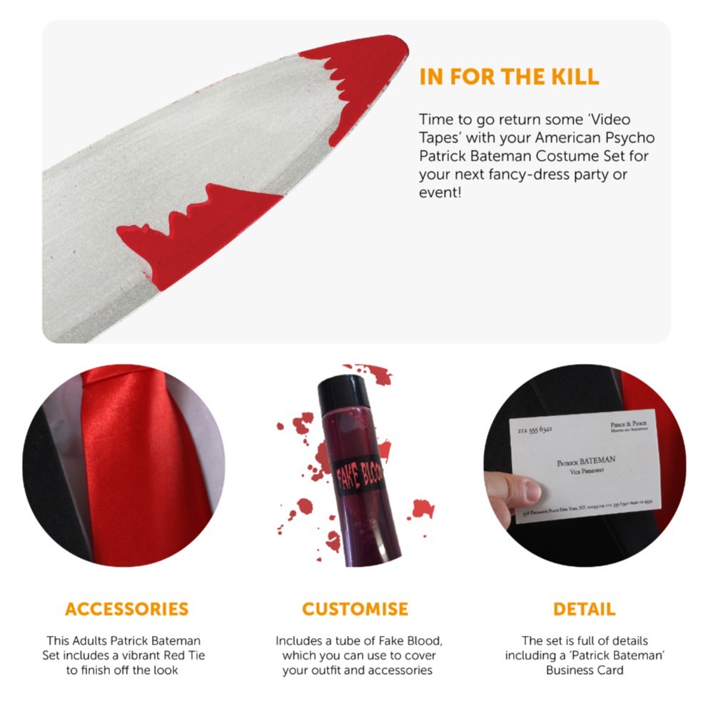 Patrick Bateman Accessory Set | Wig, Knife, Red Tie, Blood & Business Card
