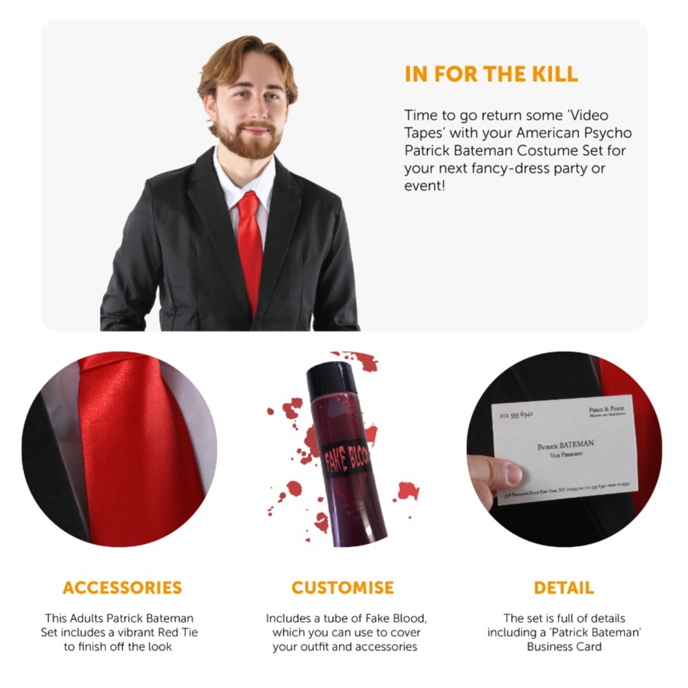 Adults Patrick Bateman Costume | 5 Pcs | Suit, Knife, Red Tie, Blood & Business Card