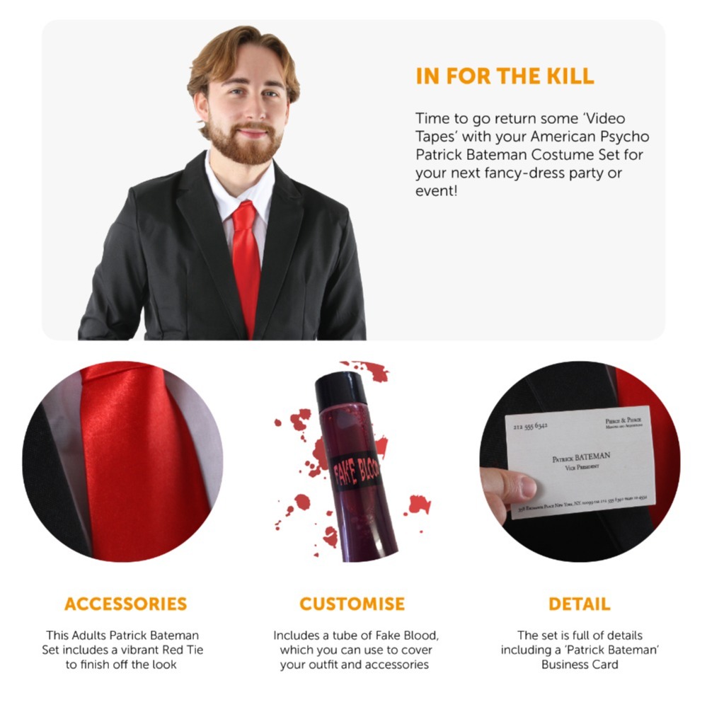 Adults Patrick Bateman Costume | 7 Pcs | Clear Jacket, Suit, Wig, Knife, Red Tie, Blood & Business Card