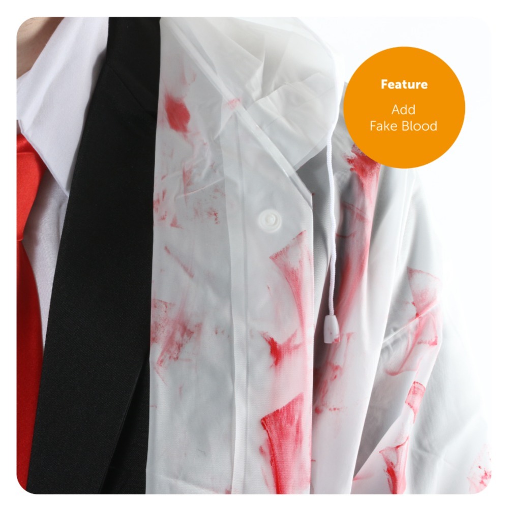 Adults Patrick Bateman Costume | 7 Pcs | Clear Jacket, Suit, Wig, Knife, Red Tie, Blood & Business Card