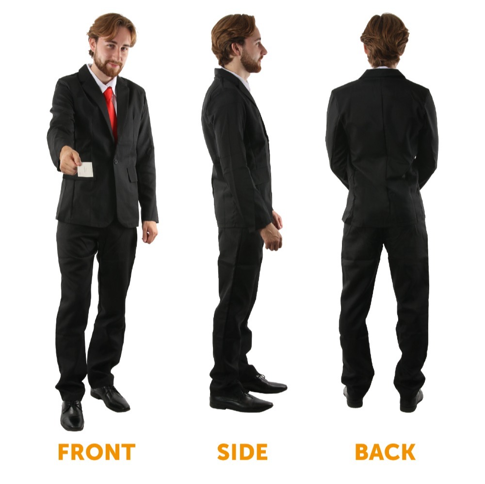 Adults Patrick Bateman Costume | 7 Pcs | Clear Jacket, Suit, Wig, Knife, Red Tie, Blood & Business Card