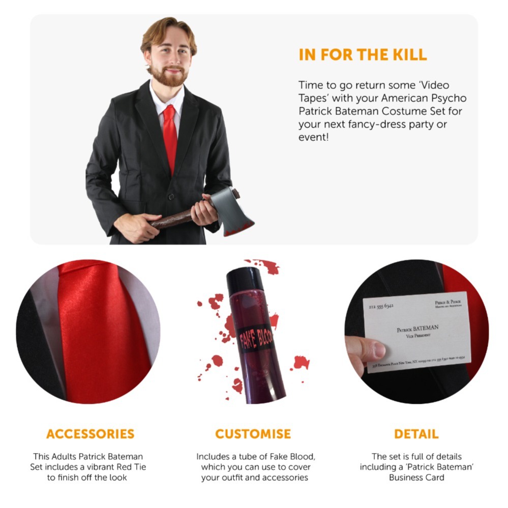 Adults Patrick Bateman Costume | 6 Pcs | Suit, Wig, Axe, Red Tie, Blood & Business Card