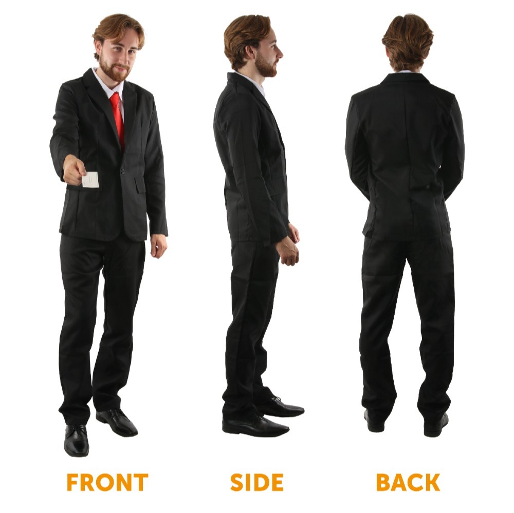 Adults Patrick Bateman Costume | 6 Pcs | Suit, Wig, Axe, Red Tie, Blood & Business Card