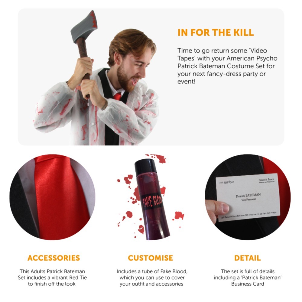 Adults Patrick Bateman Costume | 7 Pcs | Clear Jacket, Suit, Wig, Axe, Red Tie, Blood & Business Card
