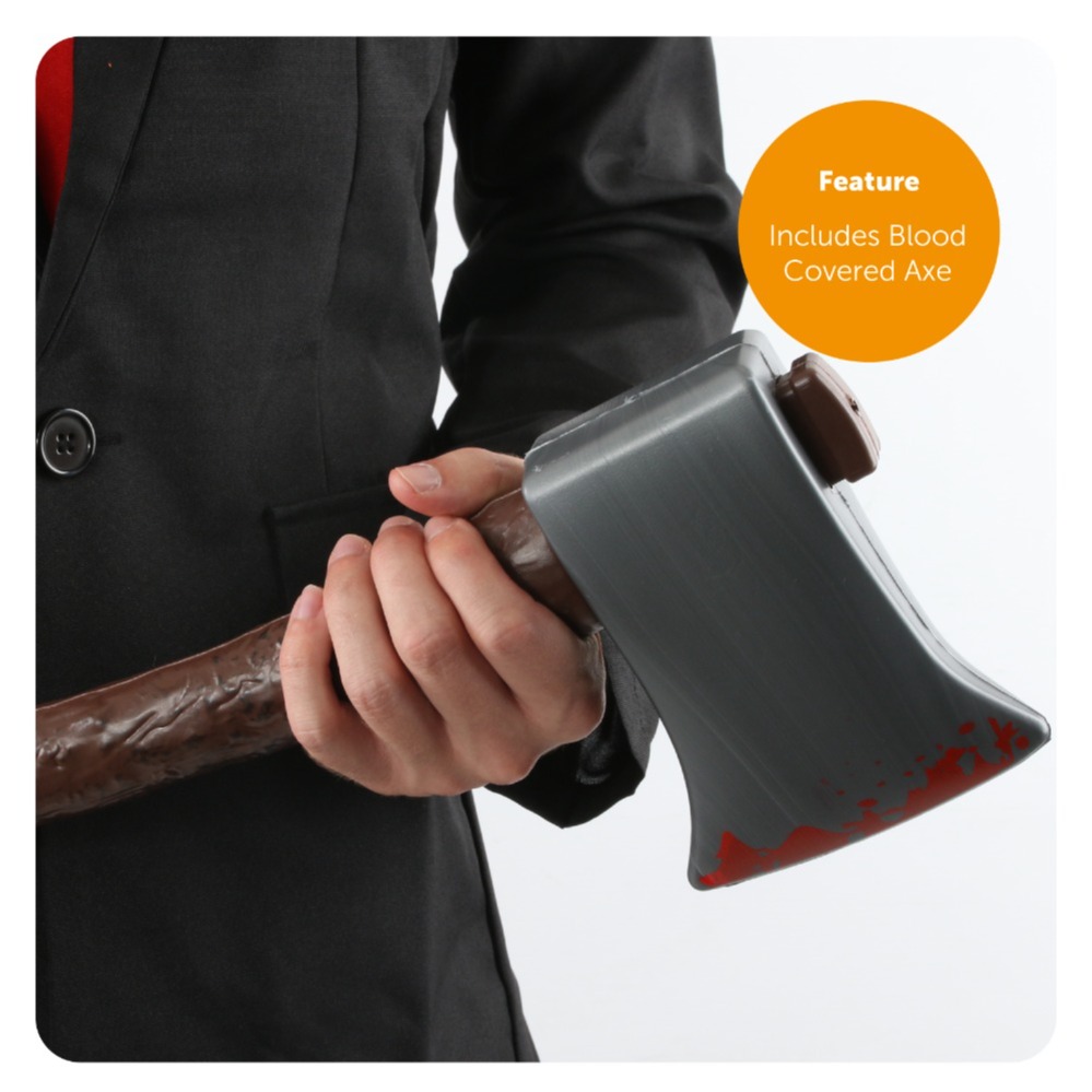 Adults Patrick Bateman Costume | 7 Pcs | Clear Jacket, Suit, Wig, Axe, Red Tie, Blood & Business Card