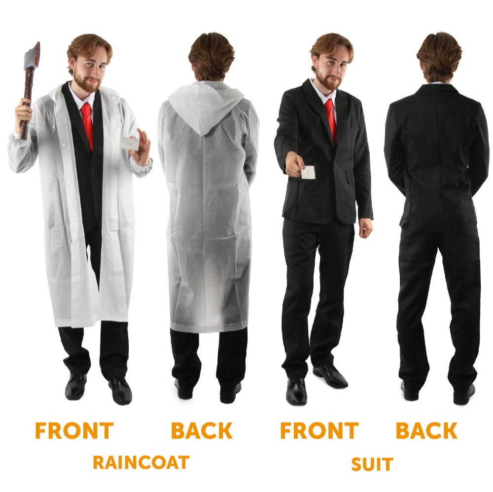 Adults Patrick Bateman Costume | 7 Pcs | Clear Jacket, Suit, Wig, Axe, Red Tie, Blood & Business Card