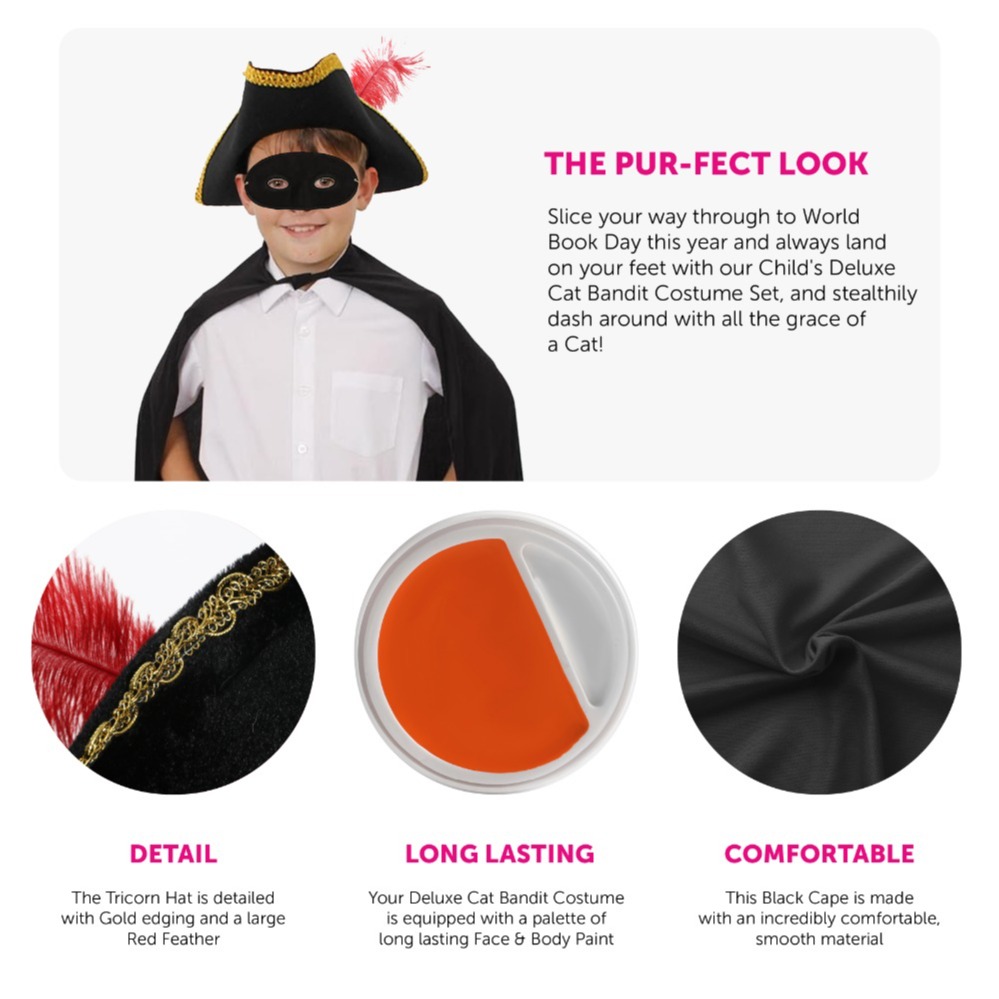 Childs Deluxe Cat Bandit Costume - with Sword, Face Paint, Tail, Gloves & Belt