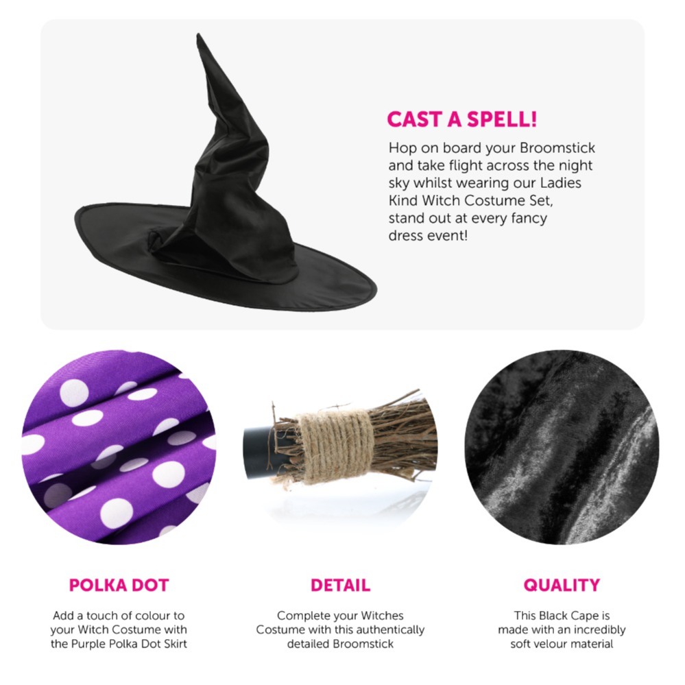 Adult's Kind Witch Costume - Skirt, Cape, Hat & Broom