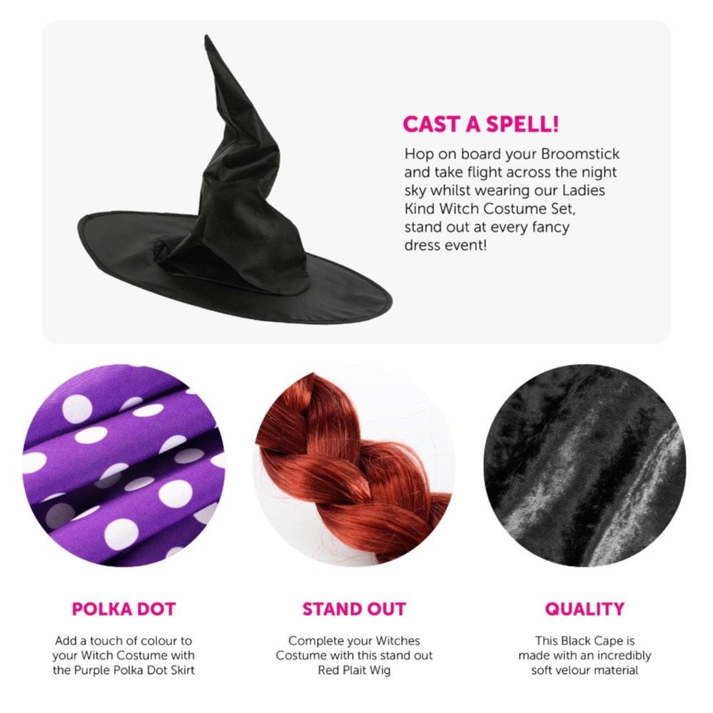 Adult's Kind Witch Costume - Skirt, Cape, Hat & Wig
