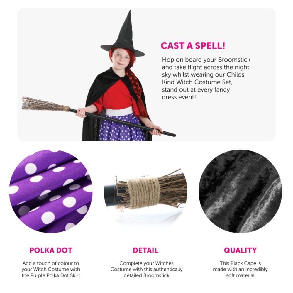 Child's Kind Witch Costume - Skirt, Cape, Hat & Broom