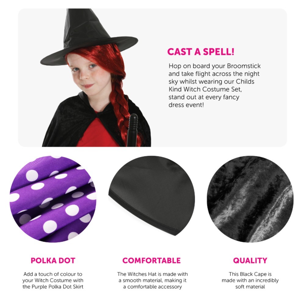 Child's Kind Witch Costume - Skirt, Cape & Hat