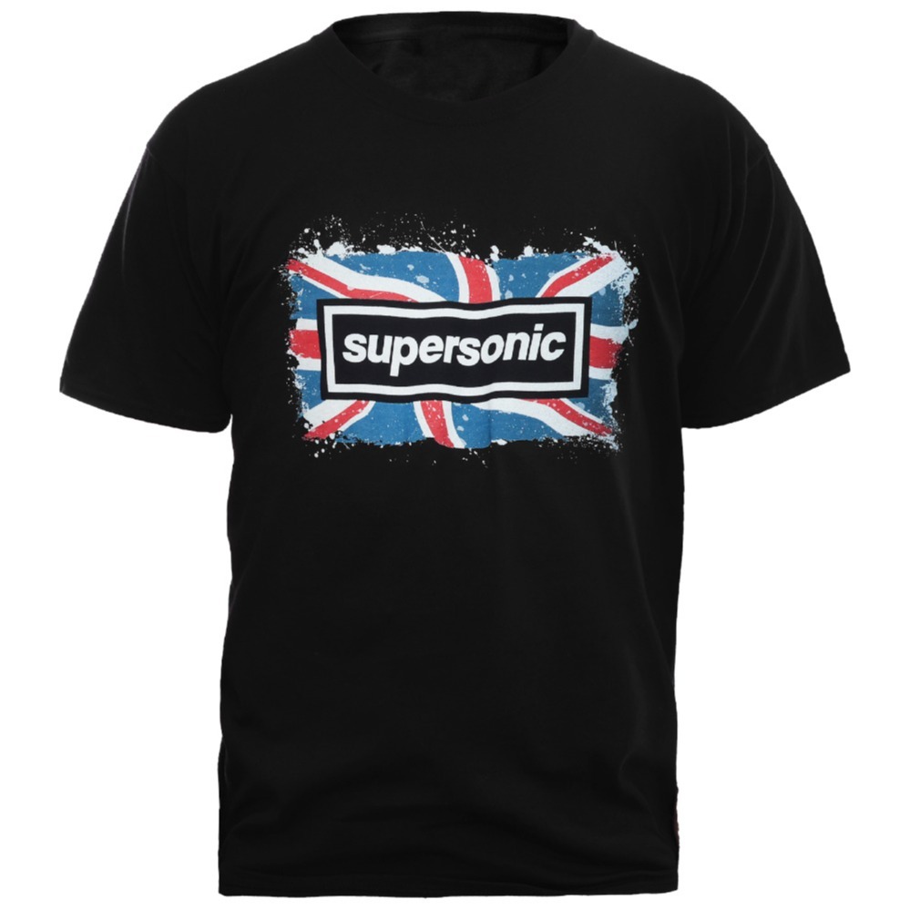 Adults Britpop Cosplay Super Sonic Music Themed Union Jack Black T-Shirt