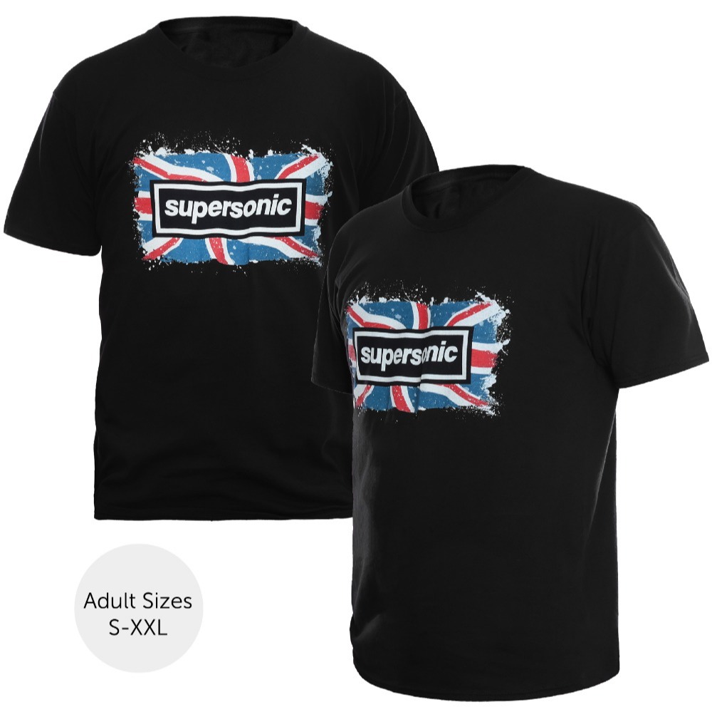 Adults Britpop Cosplay Super Sonic Music Themed Union Jack Black T-Shirt