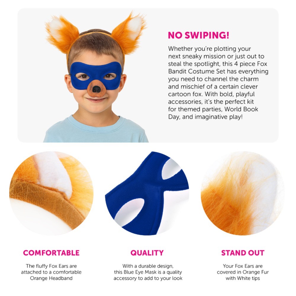 Swiping Fox Costume Set | 4 Pcs | Ears, Nose, Mask & Thick Tail