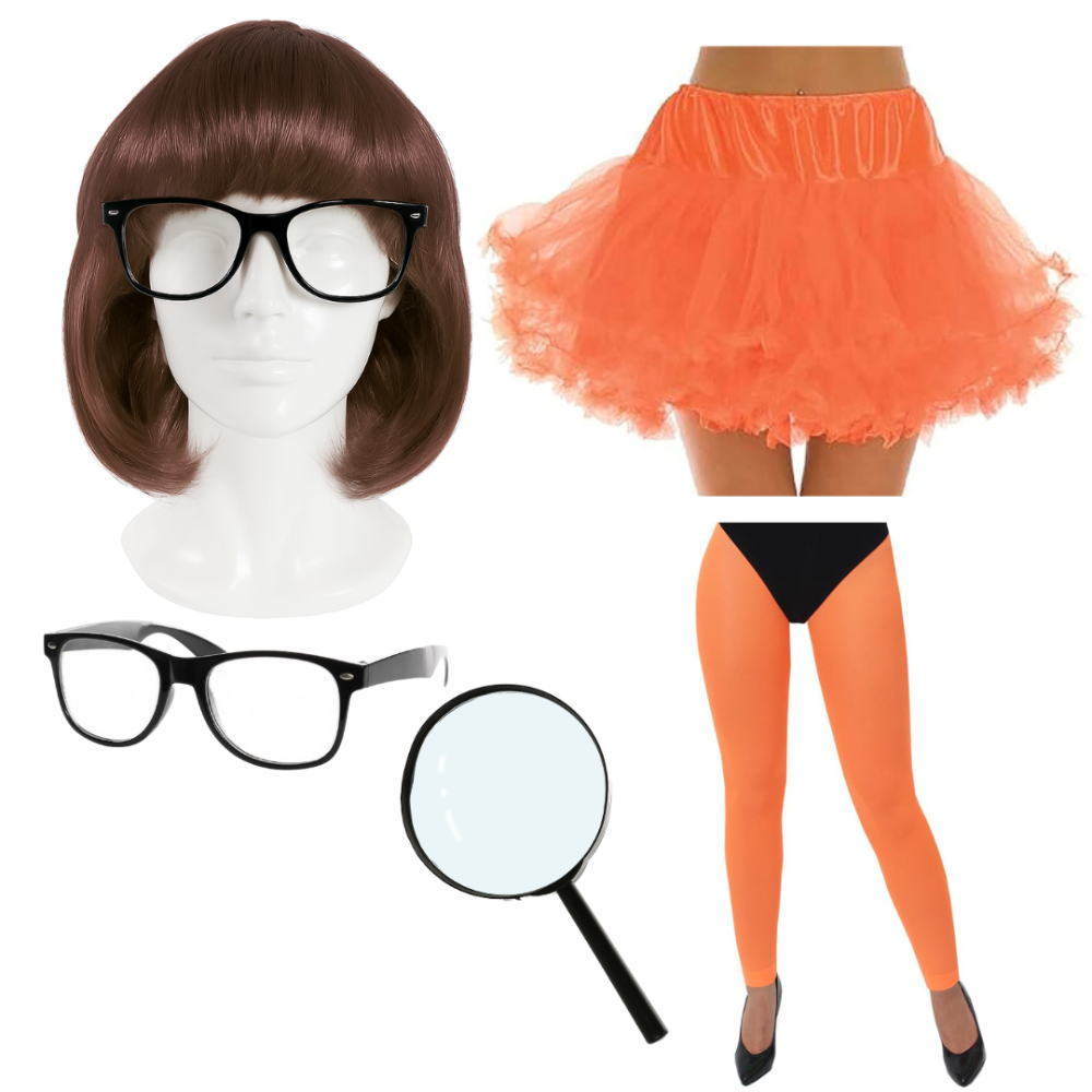 Adults Mystery Girl Costume Set | 5 Pcs | Bob Wig, Orange Tutu, Tights, Glasses & Magnifying Glass