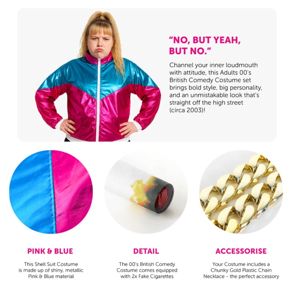 Adults Vicky Pollard Costume | 4 Pcs | Shell Suit, Chunky Chain, Scrunchie & Fake Cigarettes
