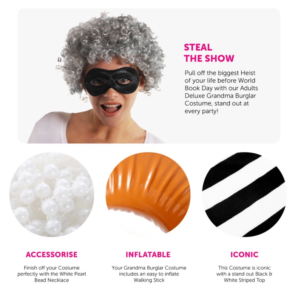 Adults Grandma Burglar Costume - Short Sleeve Top, Grey Afro Wig, Mask, Inflatable Walking Stick, Necklace & Swag Bag