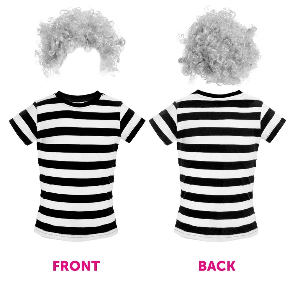 Adults Grandma Burglar Costume - Short Sleeve Top, Grey Afro Wig, Mask, Inflatable Walking Stick, Necklace & Swag Bag