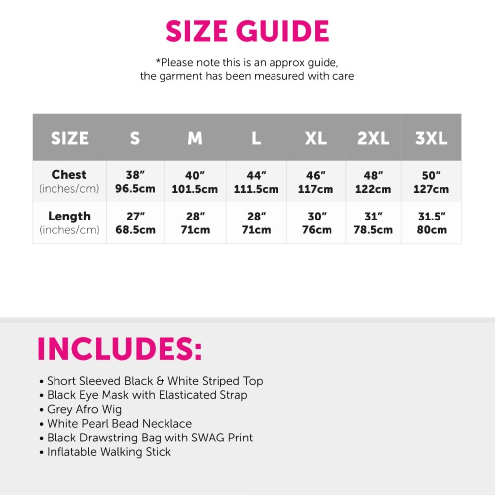 Adults Grandma Burglar Costume - Short Sleeve Top, Grey Afro Wig, Mask, Inflatable Walking Stick, Necklace & Swag Bag