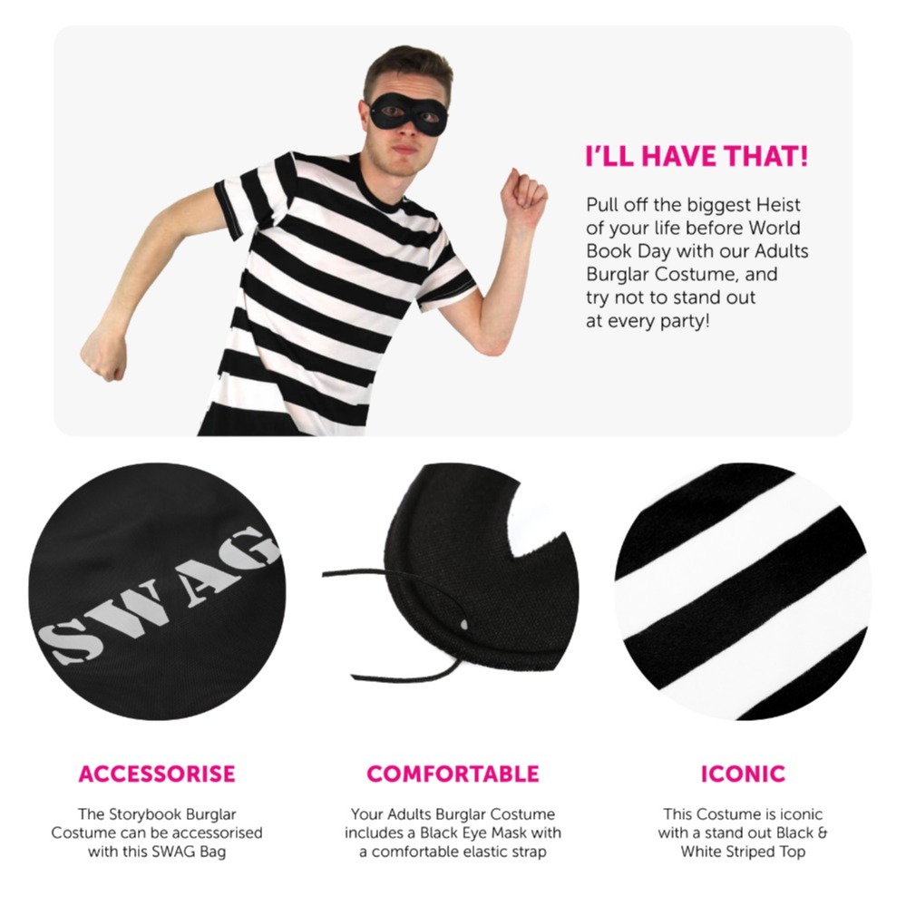 Men's Storybook Burglar Costume - Short Sleeve Top, Mask & Swag Bag