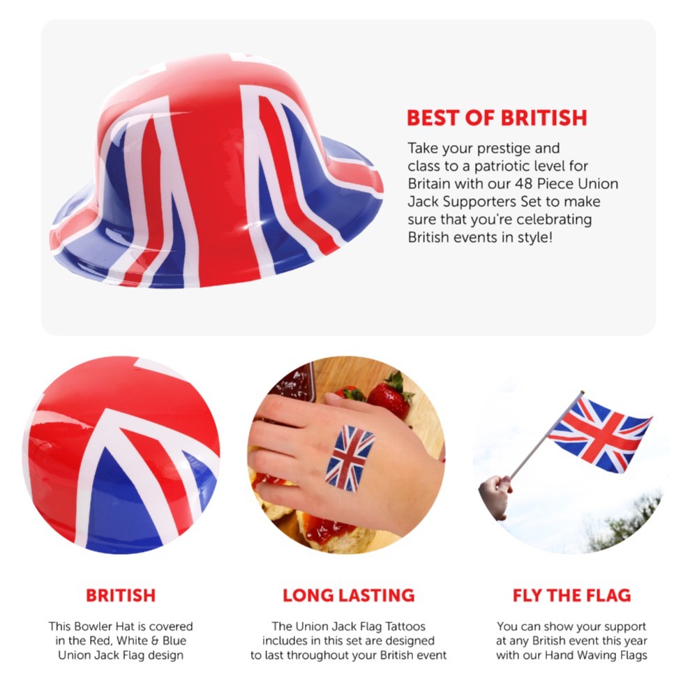 12 Union Jack Bowler Hats, 12 Hand Waving Flags & 24 Temporary Tattoos