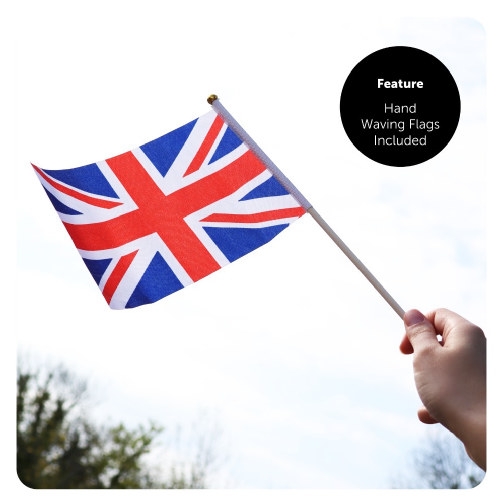 12 Union Jack Bowler Hats, 12 Hand Waving Flags & 24 Temporary Tattoos