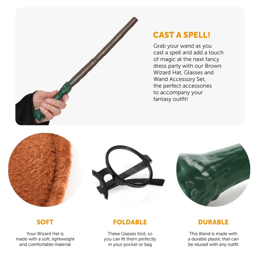 Brown Wizard Hat, Glasses & Wand