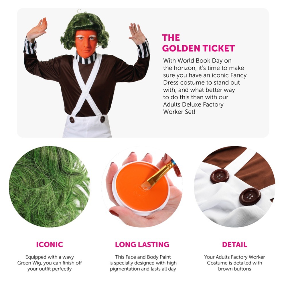 Adult Factory Worker Costume - Wig, Eyebrows, Face Paint & Gloves