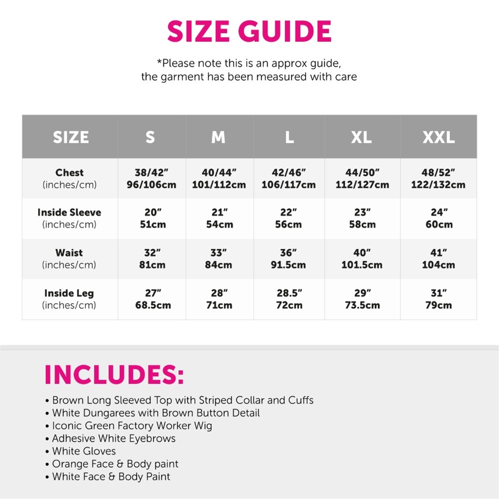 Adult Factory Worker Costume - Wig, Eyebrows, Face Paint & Gloves