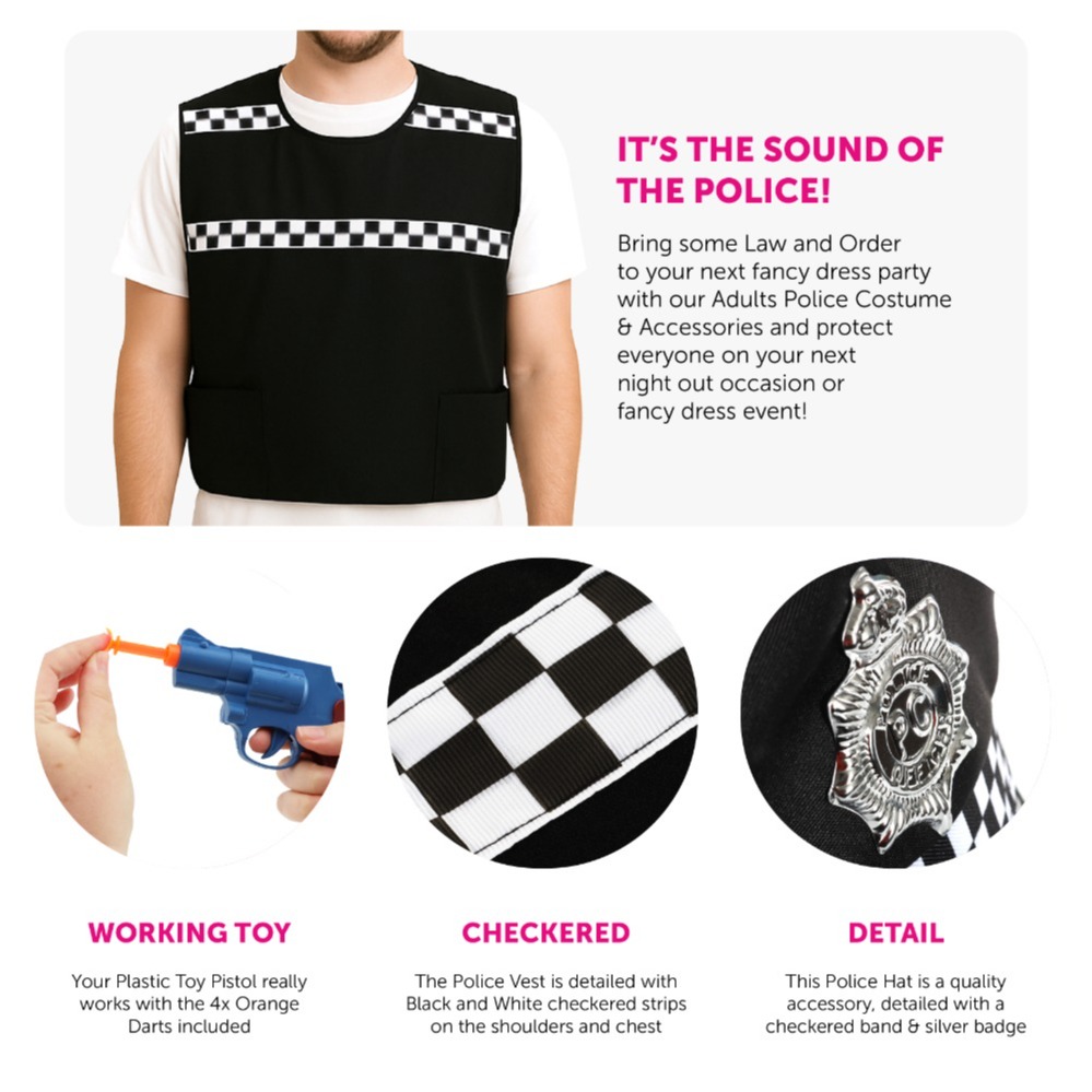 Adults Police Officer Costume - Vest, Hat & 10 Piece Set