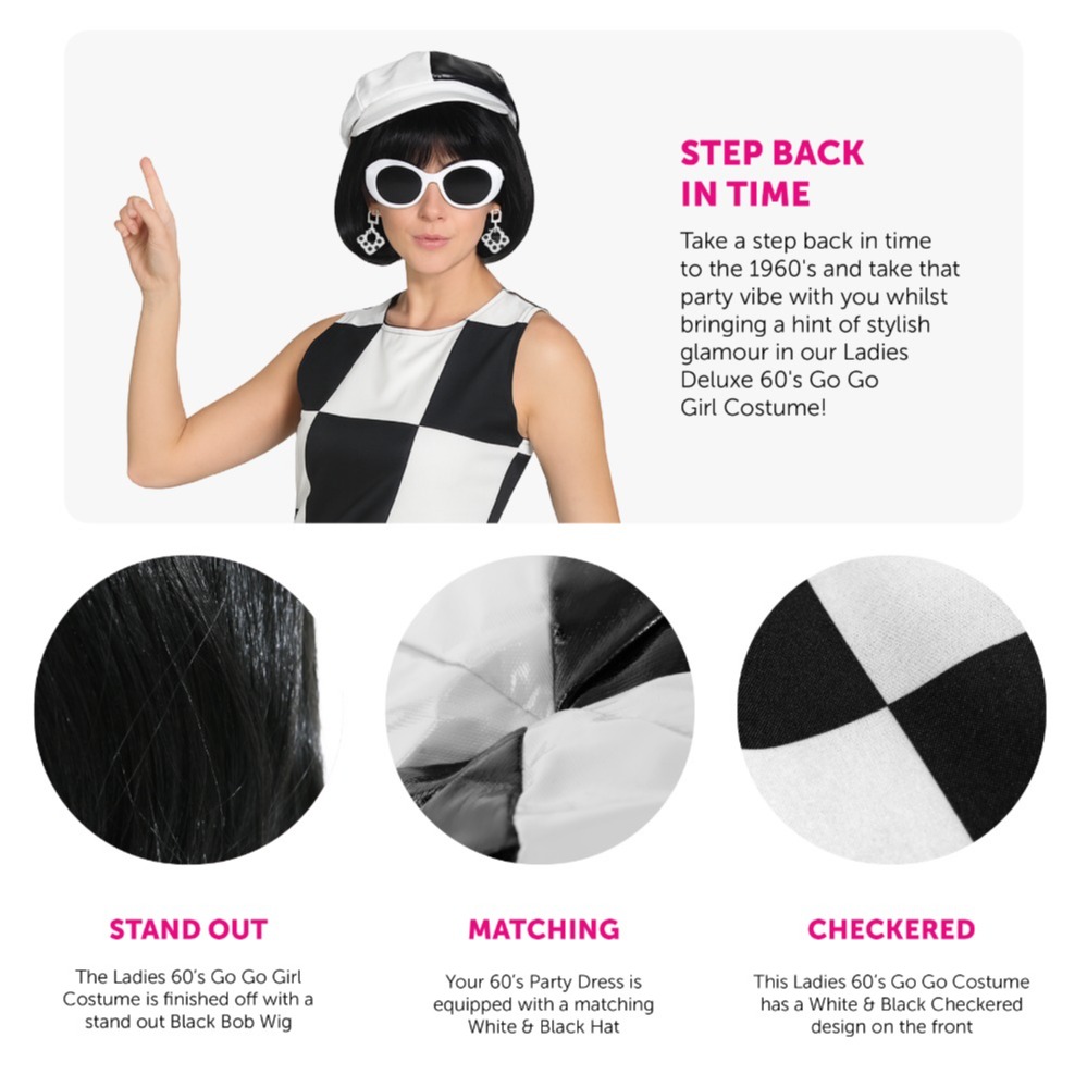 Ladies 1960's Mod Costume | 5 Pcs | Dress, Hat, Wig, Glasses & Earrings