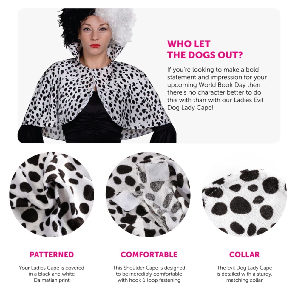 Ladies Dalmatian Print Cape - Evil Dog Lady Cape Costume