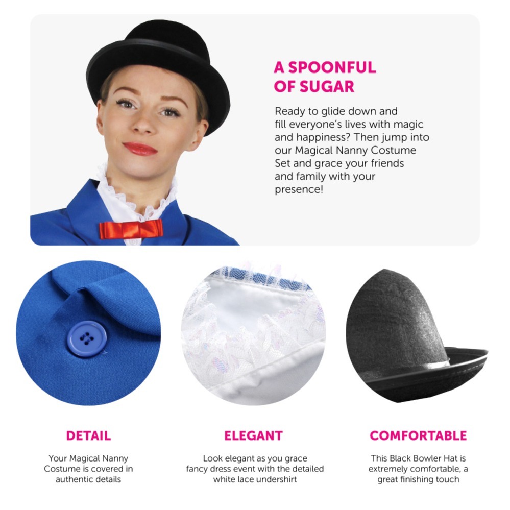 Ladies Magical Nanny Costume - with Plain Bowler Hat